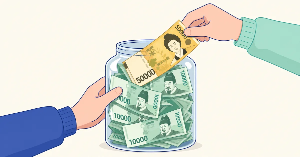 만원권이 차오르는 유리병과 오만원권을 얹는 손